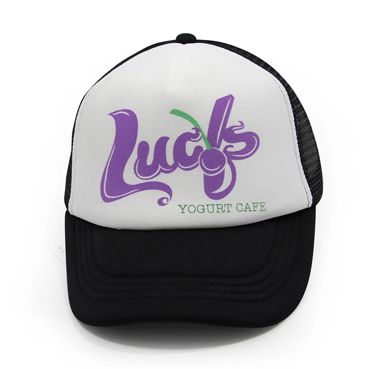 Front view of a white-front trucker cap with a purple and green graphic and a black curved brim.