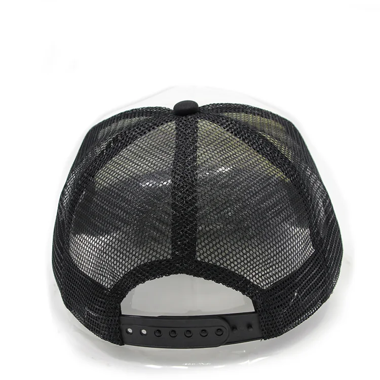Rear view of the black mesh trucker cap with a black plastic snap closure.