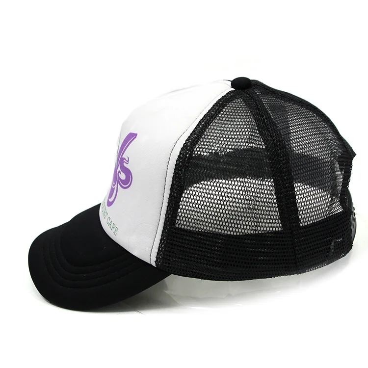 Side angle of the printed trucker cap showing the white front panel, black mesh panels and curved brim.
