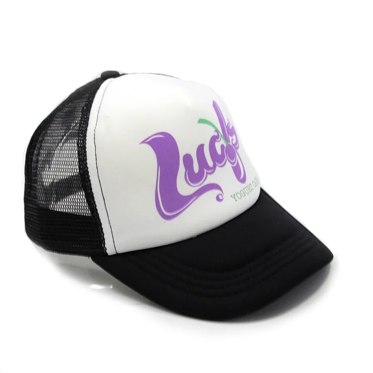 Black and white curved-brim trucker cap with a purple and green Lucky graphic.
