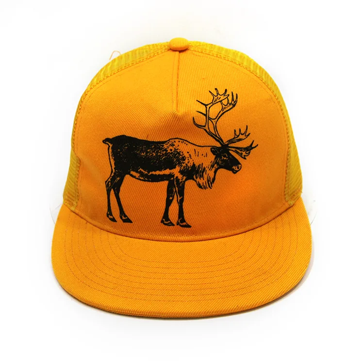 Yellow flat-brim trucker cap with a black deer graphic on the front.