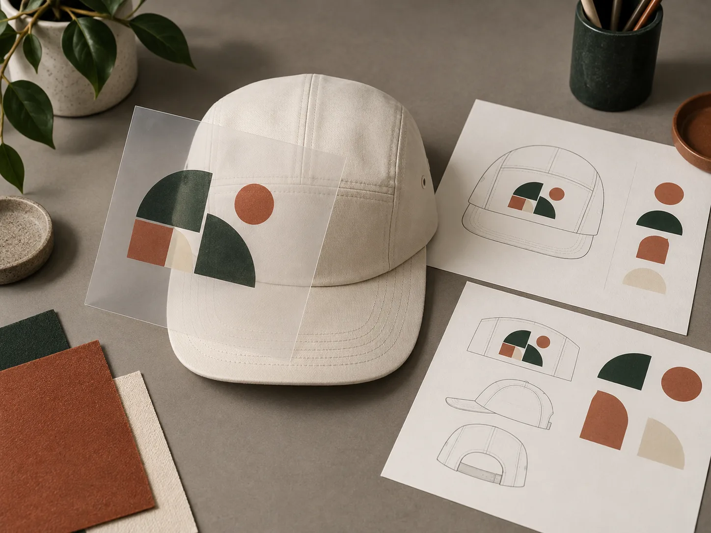 Illustrative cap artwork handoff with transparent motif sheet and design sketches