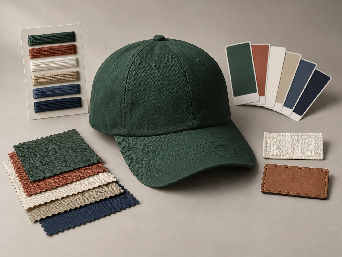 Illustrative custom headwear samples and decoration materials