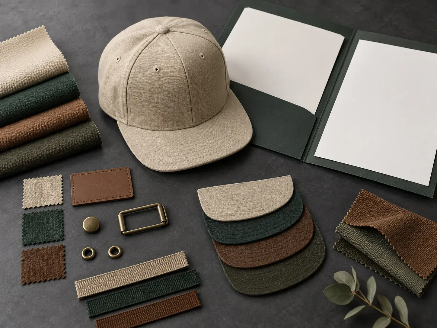Illustrative cap materials and components arranged for a quotation inquiry
