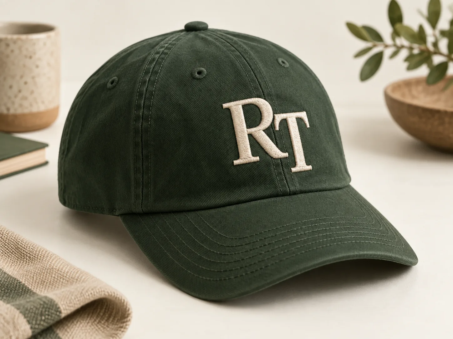 Original RT embroidery concept on a green cotton cap