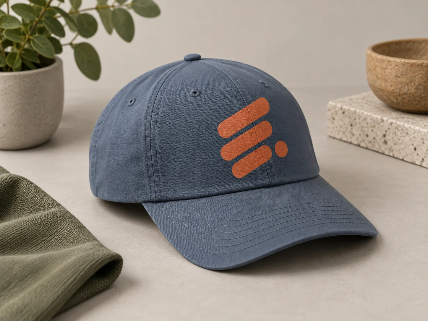 Original geometric print concept on a slate-blue sports cap