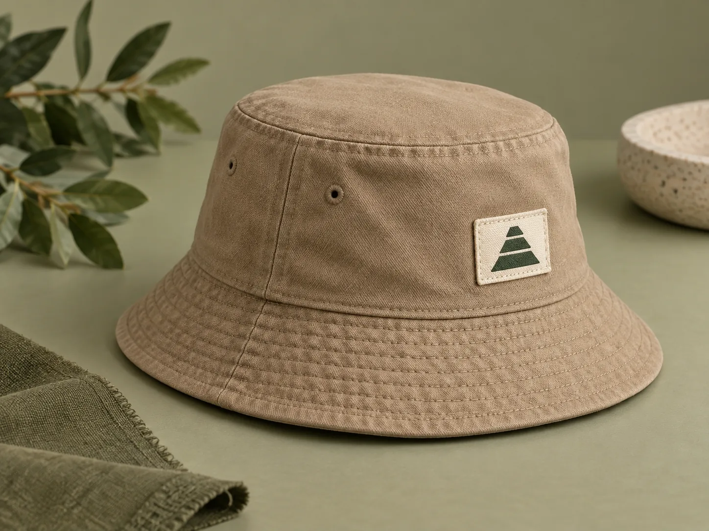 Original geometric woven-label concept on a clay bucket hat