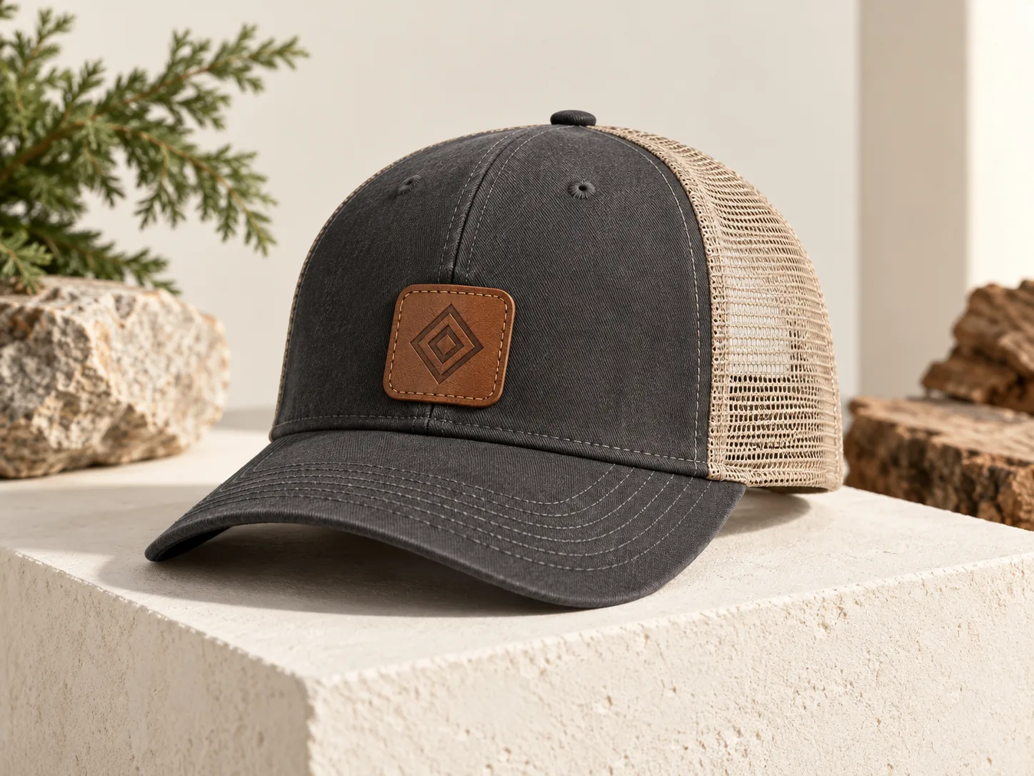 Original leather-patch concept on a charcoal trucker cap