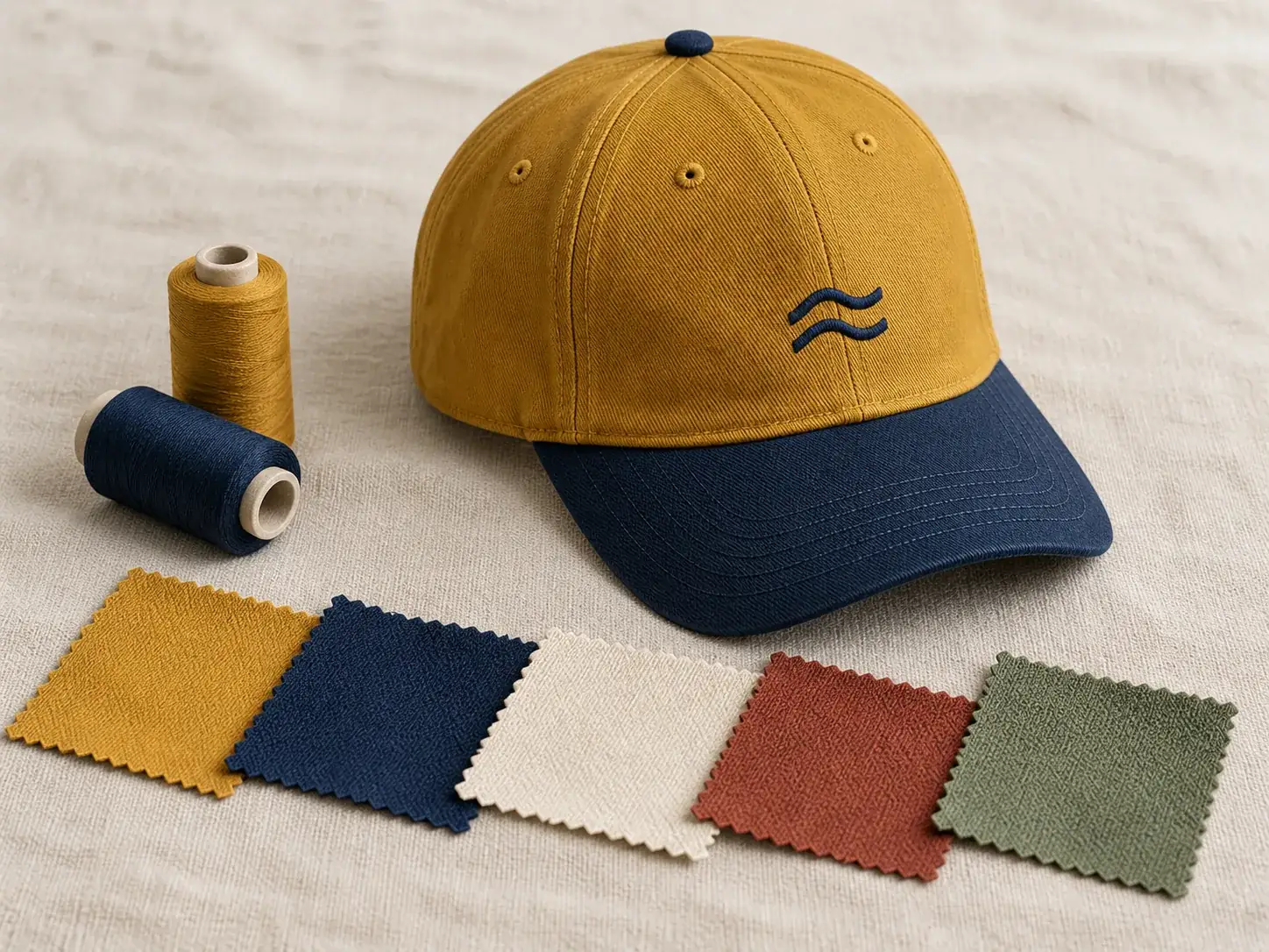 Two-tone cap with an original embroidered motif and fabric color samples