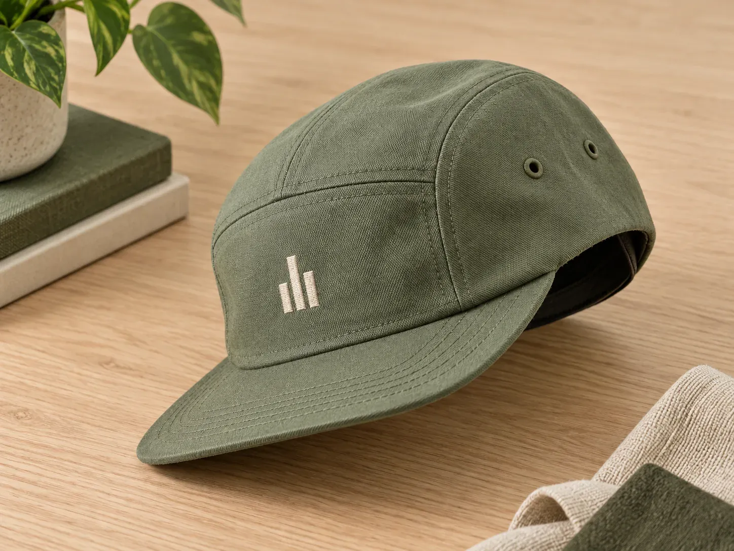 Five-panel cap construction with an original embroidered bar motif
