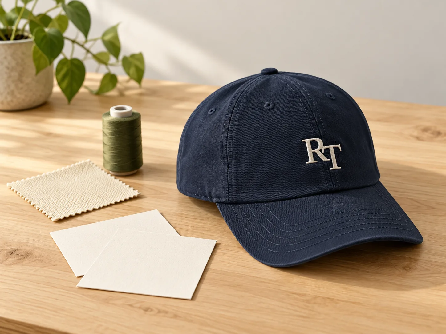 RT cap concept with blank note cards and swatches for a design discussion