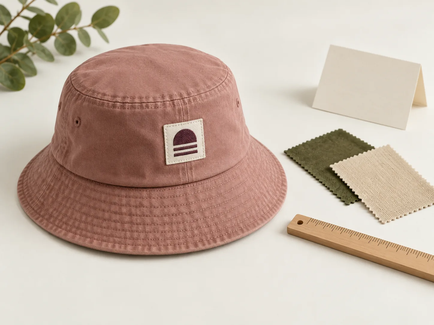 Bucket-hat label concept with materials and a blank card for sample review