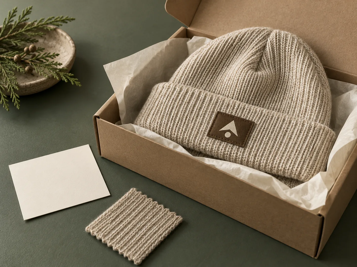 Knit-hat patch concept in plain packaging with a blank note card