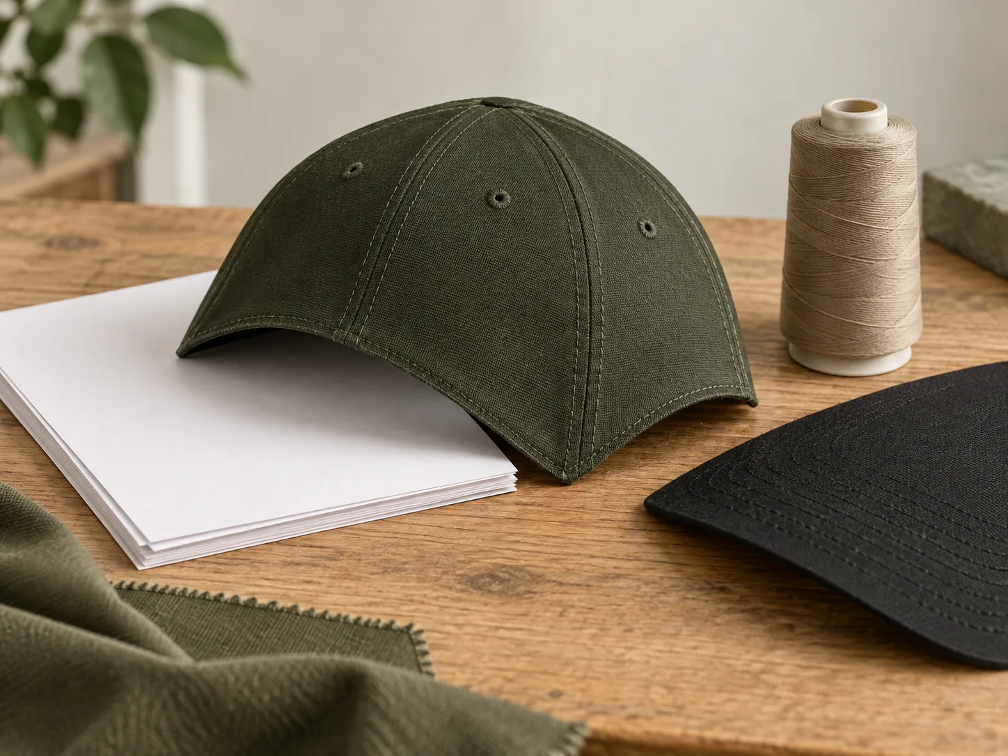 Blank paper beside an unfinished cap crown, thread cone and brim insert
