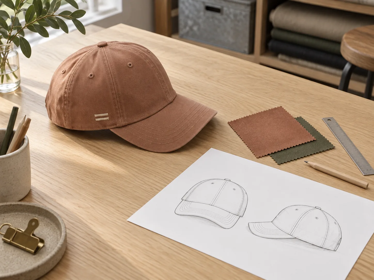 Illustrative cap sample with structure sketches, cloth swatches and a ruler