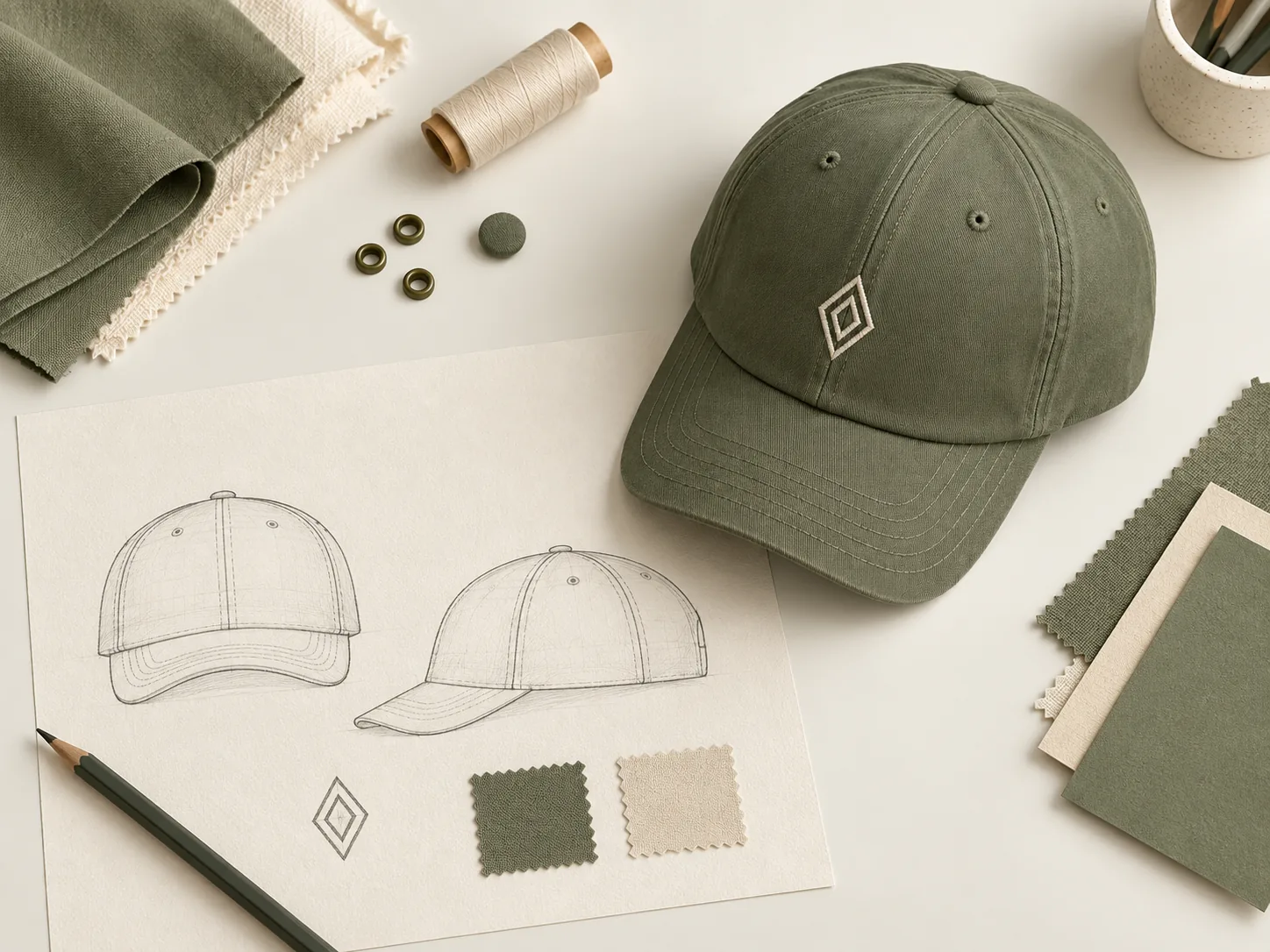 Illustrative cap artwork review with a geometric embroidery concept and front and side sketches