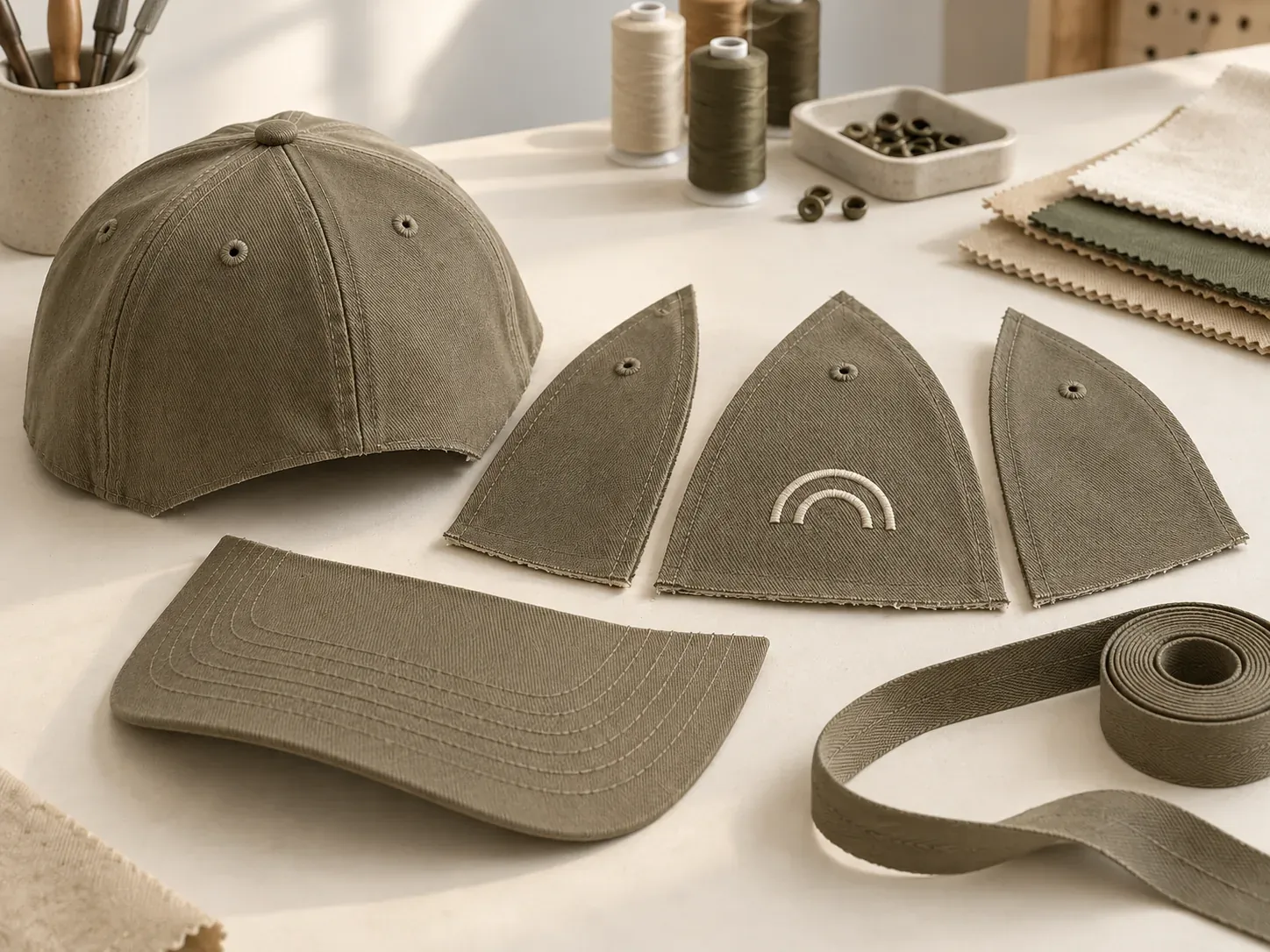 Illustrative cap construction review with shaped panels, binding tape and a geometric sew-out