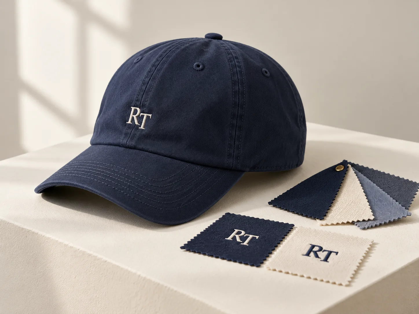 Illustrative navy cap and RT embroidery sew-outs for physical sample discussion