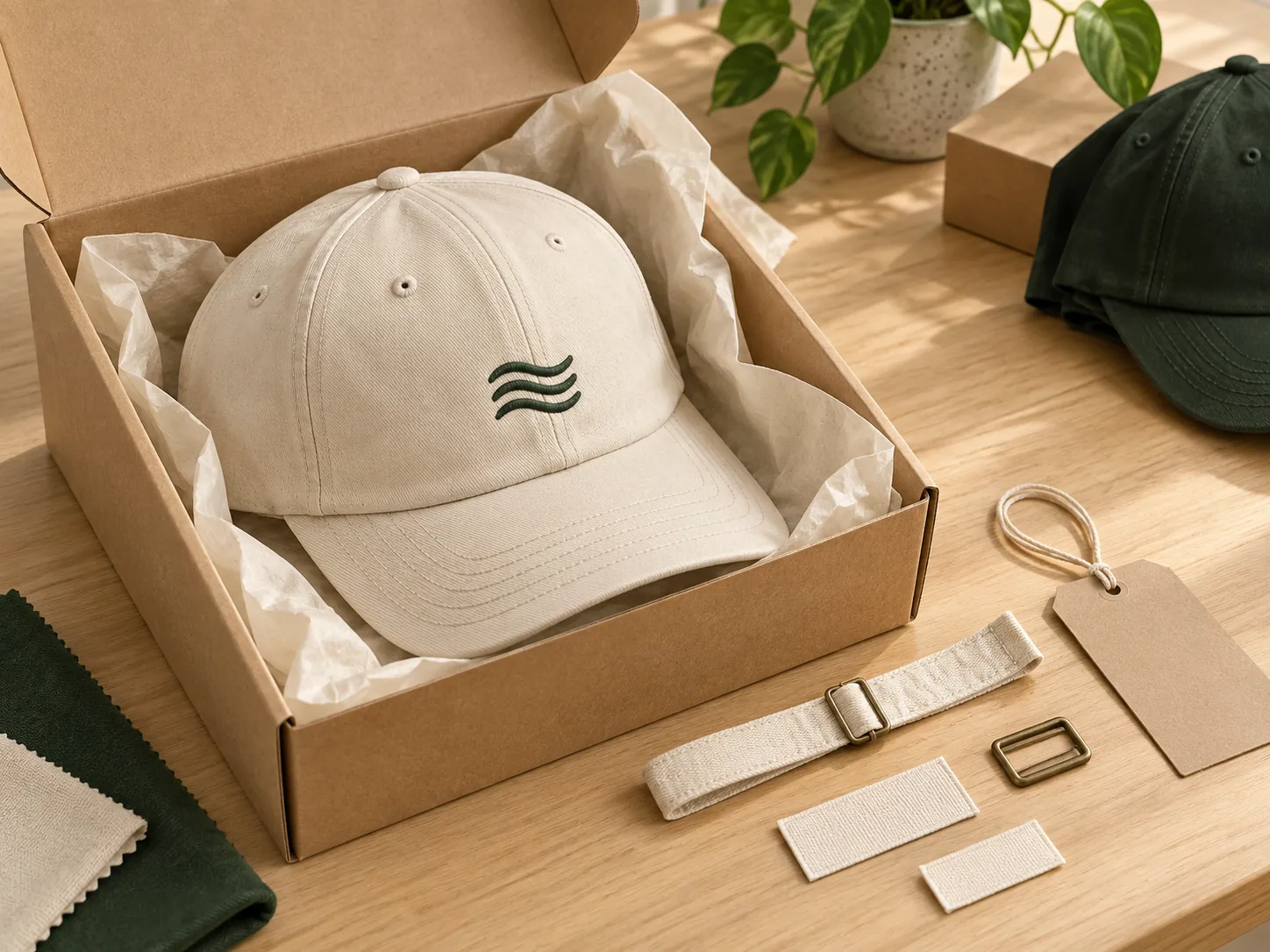 Illustrative embroidered cap, packing materials and trim pieces for a production brief