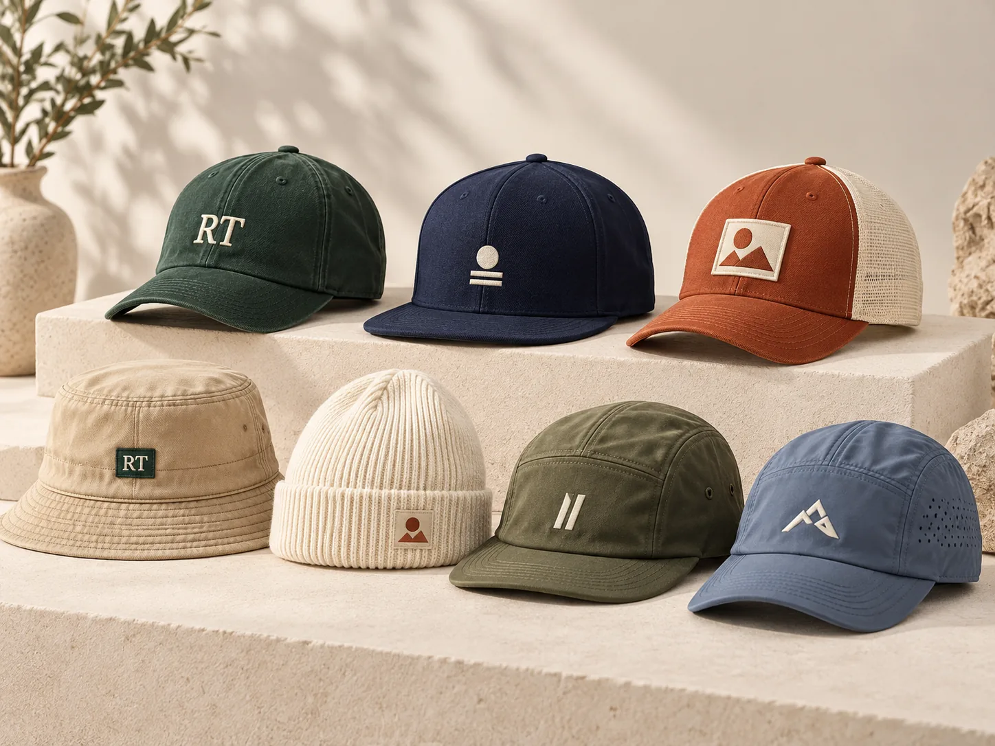 Seven illustrative custom hat styles with original embroidery, labels and patches