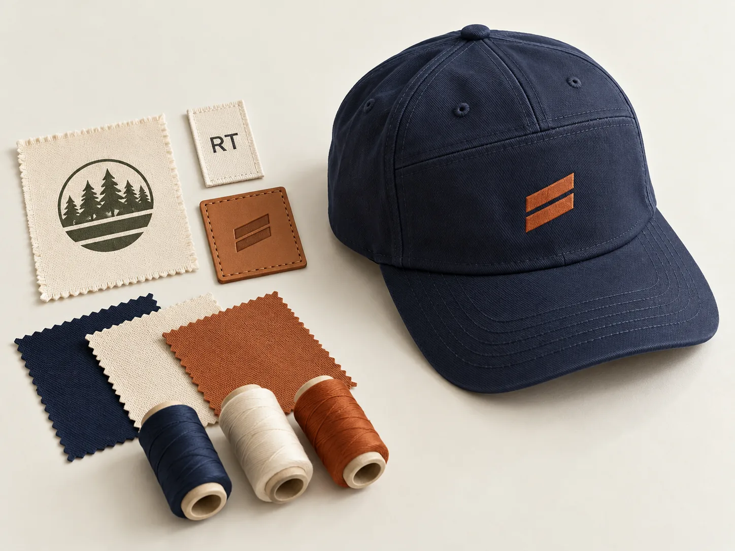 Illustrative custom cap beside print, woven-label, leather-patch and fabric samples
