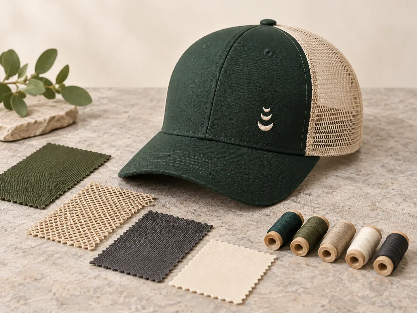 Illustrative trucker hat with fabric, mesh and color-reference concepts