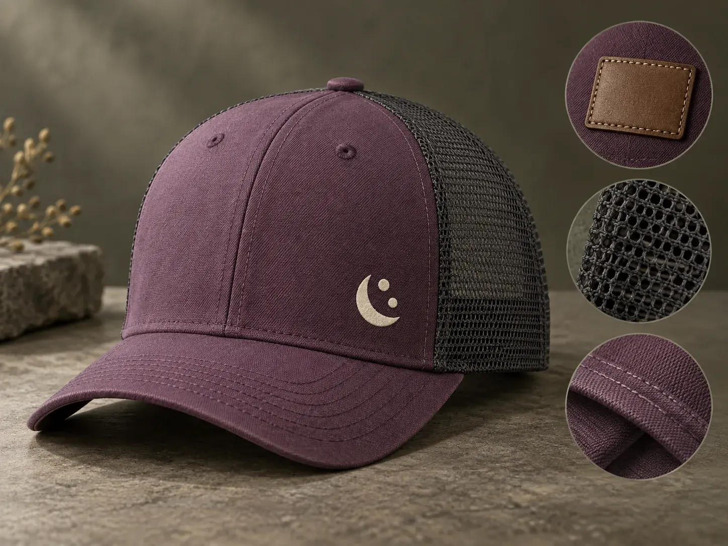 Illustrative trucker-hat construction and decoration discussion concept