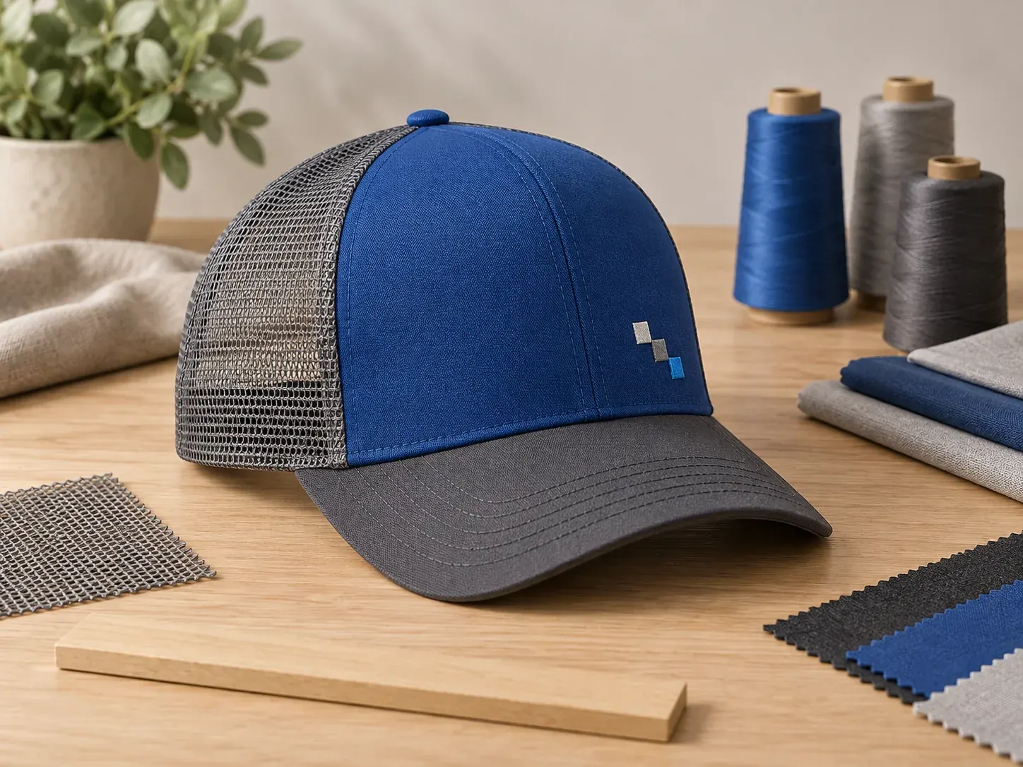 Illustrative trucker-hat sample-review materials